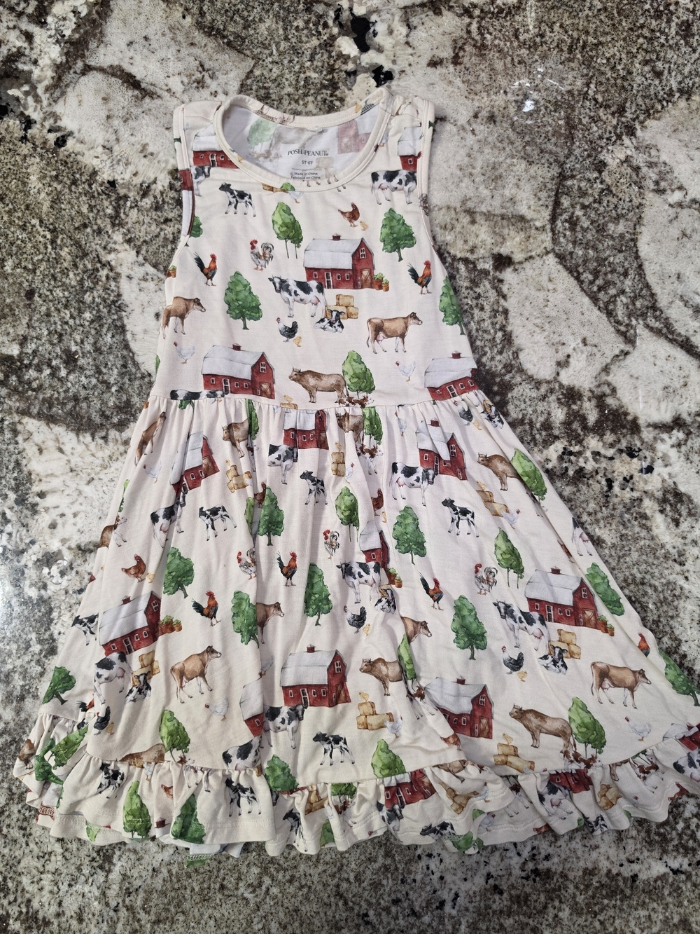 Posh Peanut Bamboo Farm Animal Print Sleeveless Dress with Green & Red Accents
